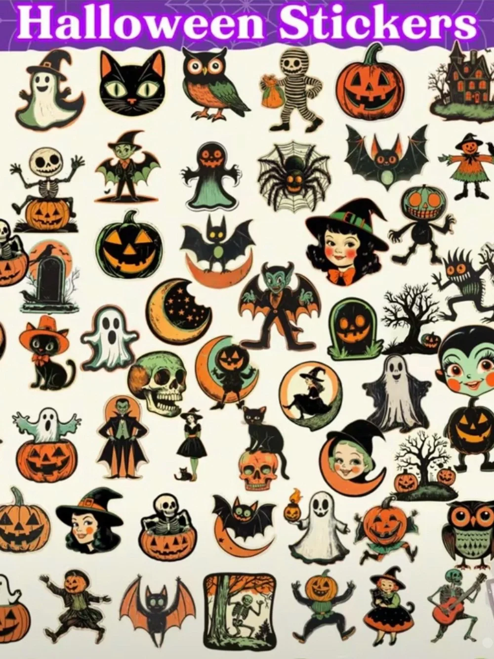 64 Vintage Halloween Stickers - Orange, Black & Green Kids Pumpkin Ghost Owl Cat